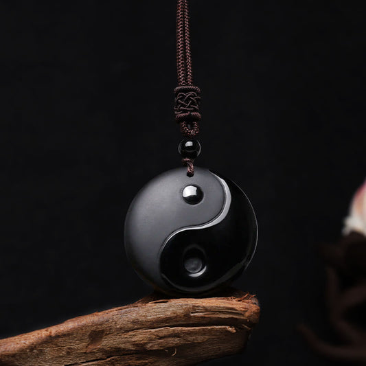 Black Obsidian Taoism Five Sacred Mountains Nine-Character Mantra Carved Purification Yin Yang Necklace Pendant