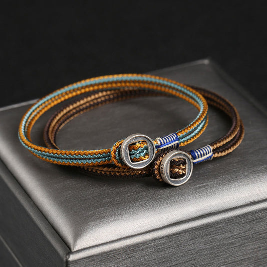 925 Sterling Silver Handmade Button Protection Weave String Bracelet