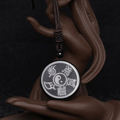 Black Obsidian Taoism Five Sacred Mountains Nine-Character Mantra Carved Purification Yin Yang Necklace Pendant