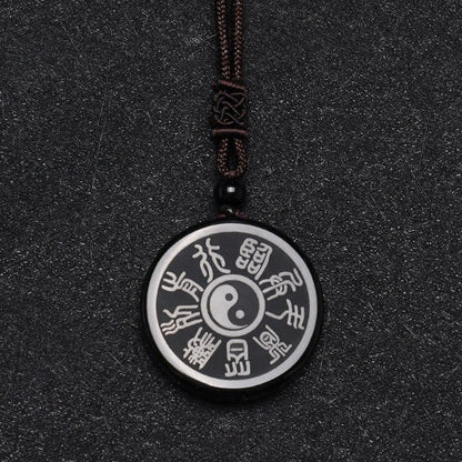 Black Obsidian Taoism Five Sacred Mountains Nine-Character Mantra Carved Purification Yin Yang Necklace Pendant
